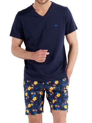 пижама мужская HOM 40-2724 тёмно-синяя с цветным принтом